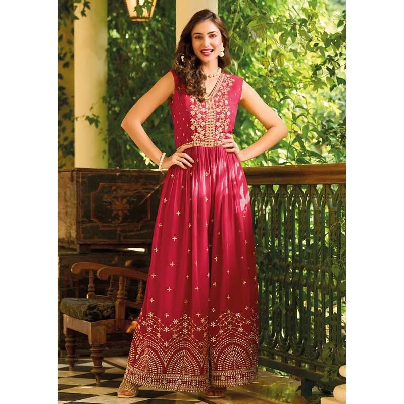 Deep Pink Indo-Western Embroidered Georgette Jumpsuit