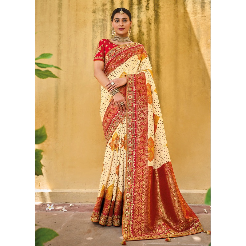 Designer Multicolor Beige & Red Silk Wedding Wear Saree