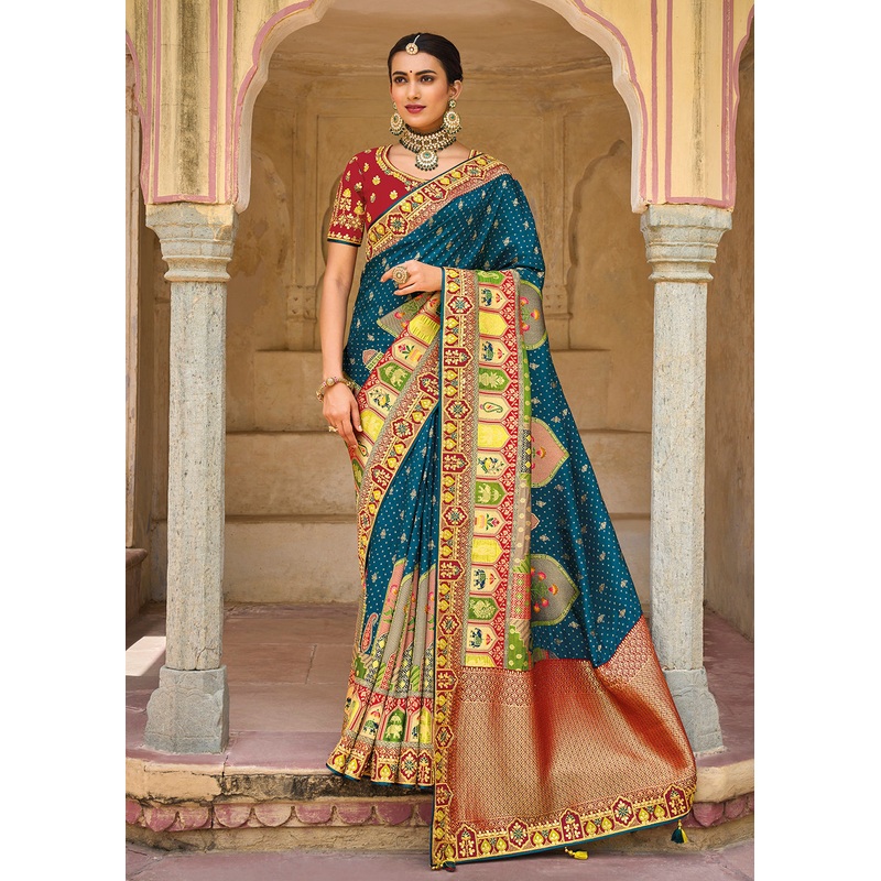 Designer Multicolor Blue & Red Silk Wedding Wear Saree