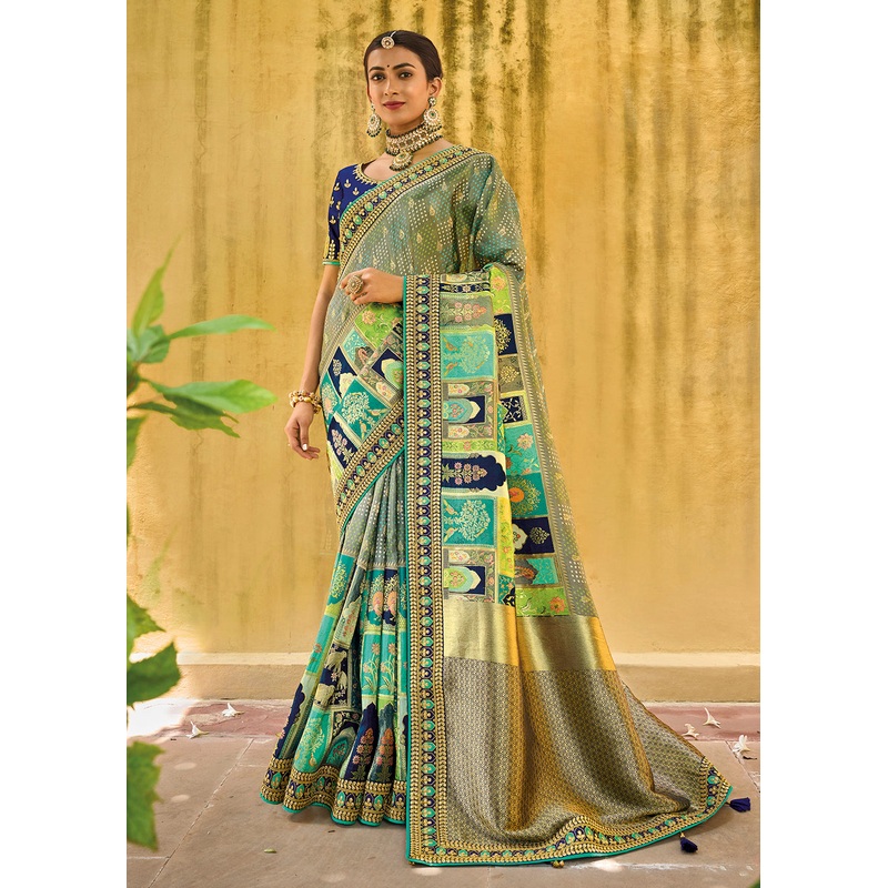 Designer Multicolor Green & Blue Silk Wedding Wear Saree