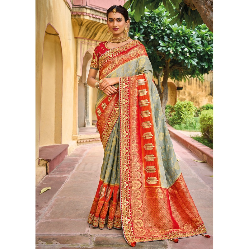 Designer Multicolor Light Grey Silk Wedding Wear Saree