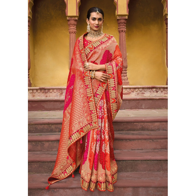 Designer Multicolor Orange & Pink Silk Wedding Wear Saree