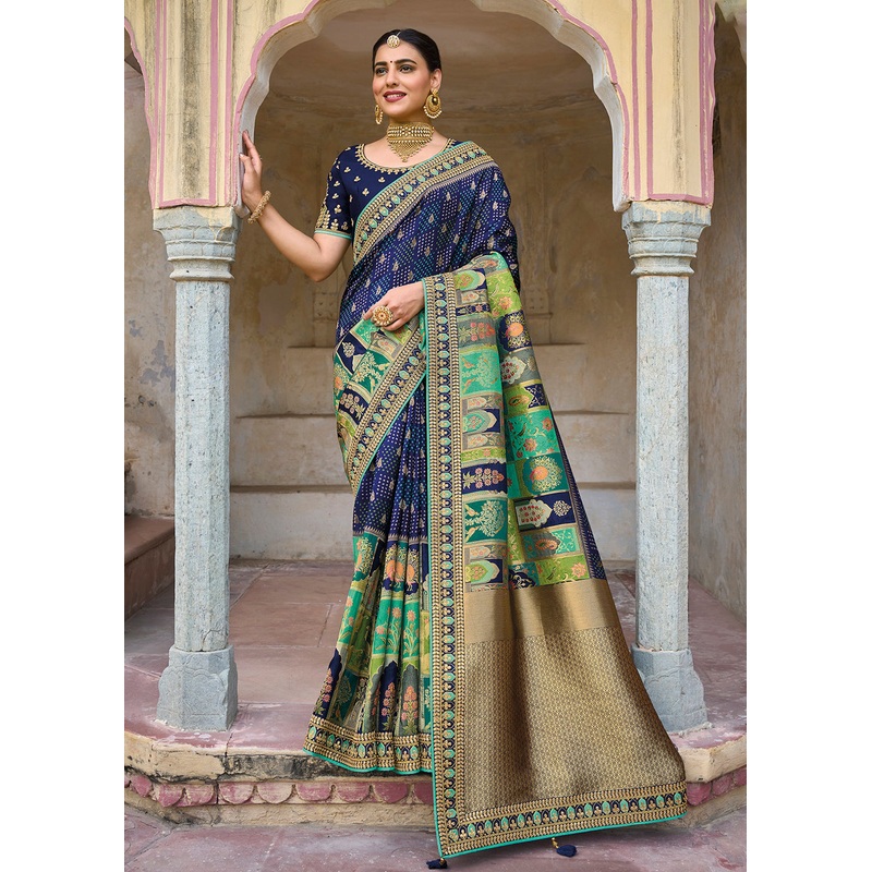Designer Multicolor Superior Blue Silk Wedding Wear Saree