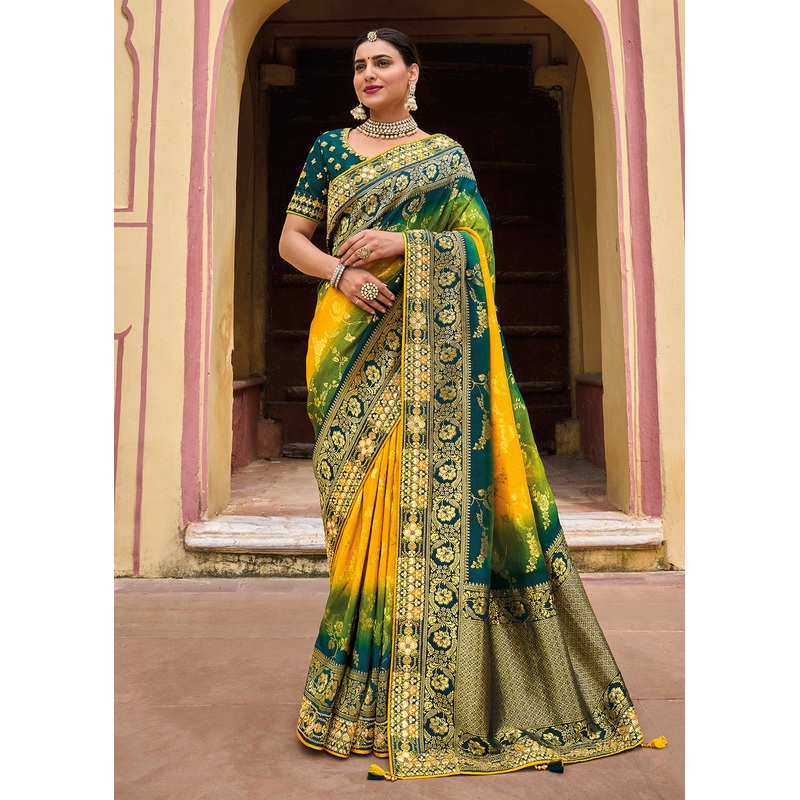 Designer Multicolor Yellow & Blue Silk Wedding Wear Saree
