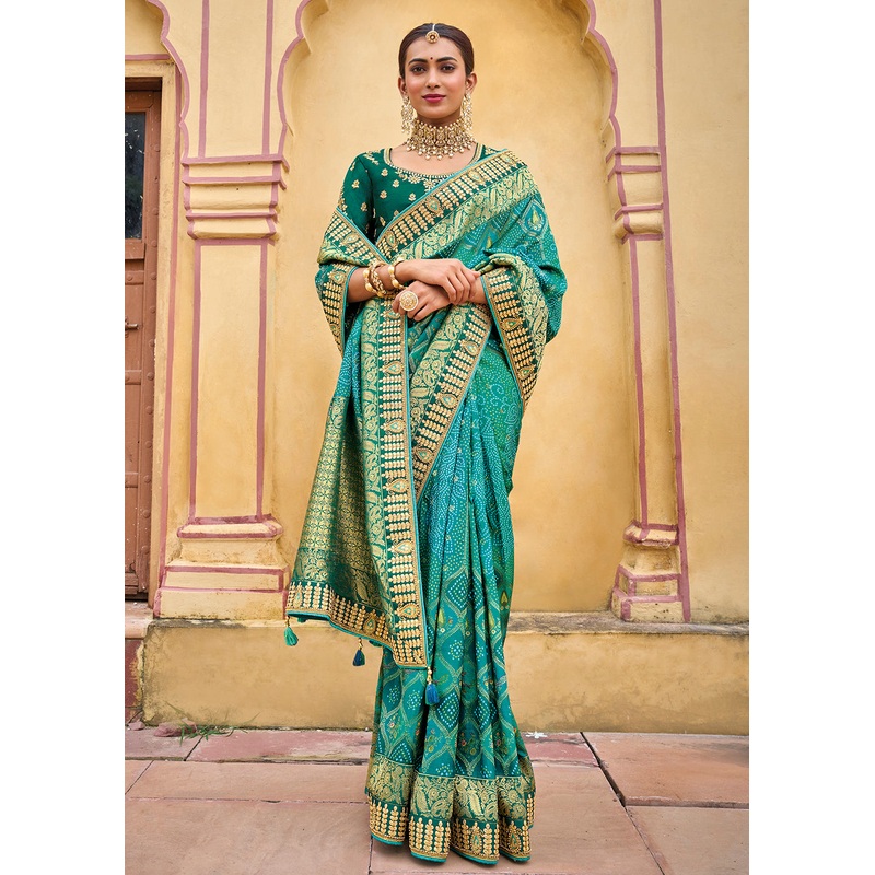 Designer Turquoise Blue Silk Wedding Wear Saree