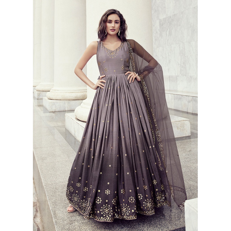 Desirable Dusty Purple Chinon Reception Wear Gown
