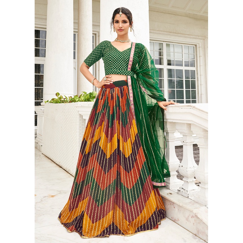 Desirable Multicolor & Green Printed Wedding Lehenga Choli