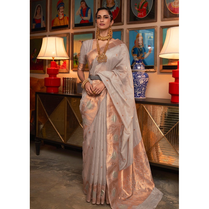 Drizzling Grey Blended Woven Zari Organza Silk Saree