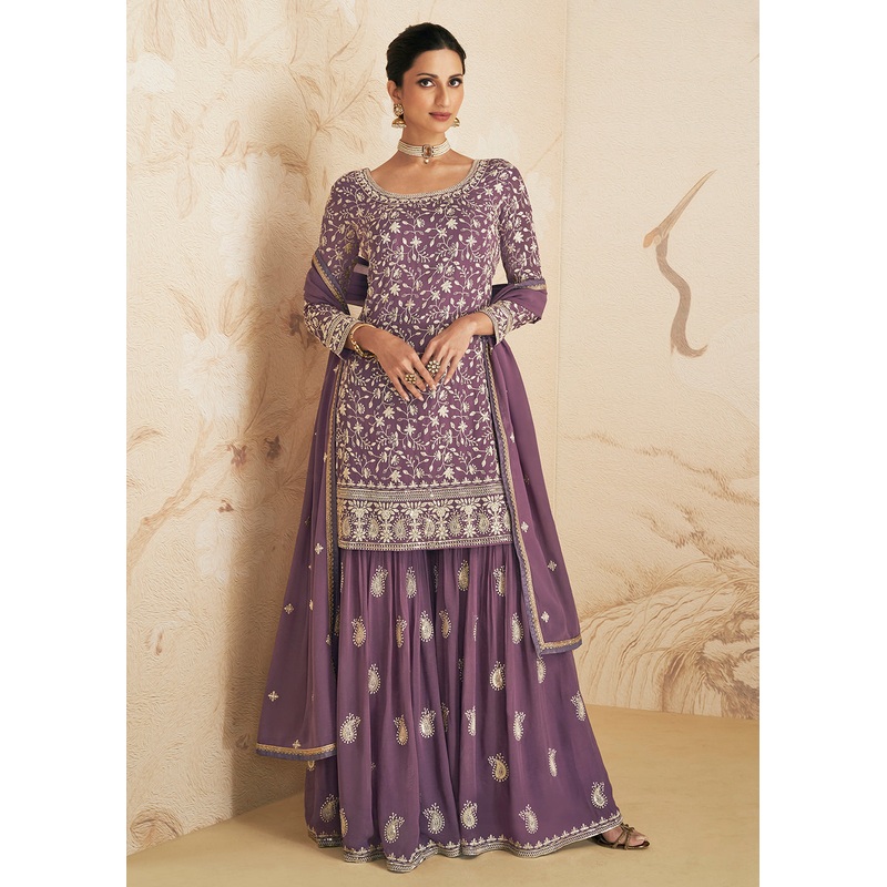 Dusty Purple Thread & Sequins Embroidered Designer Gharara Suit