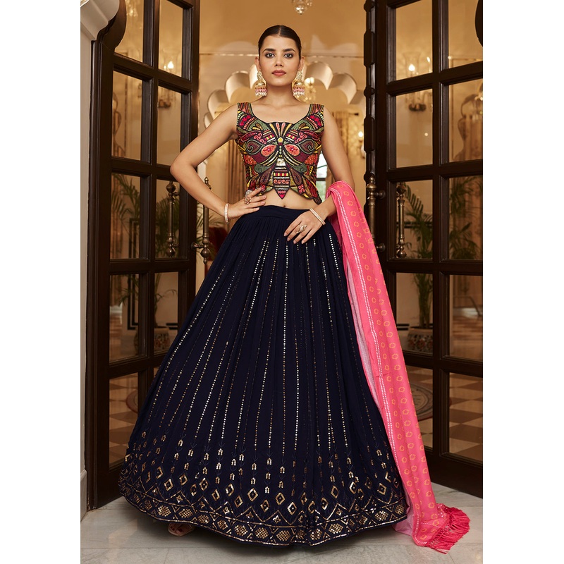 Enchanting Sequins Charming Navy Blue Wedding Lehenga Choli