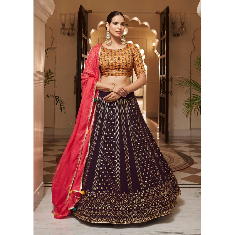 Enchanting Sequins Purple & Mustard Wedding Lehenga Choli
