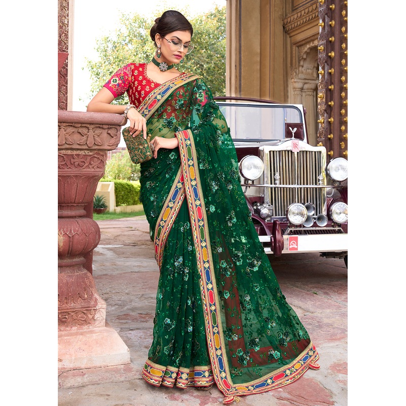 Engaging Green Applique Net Designer Bridal Party Wear Saree