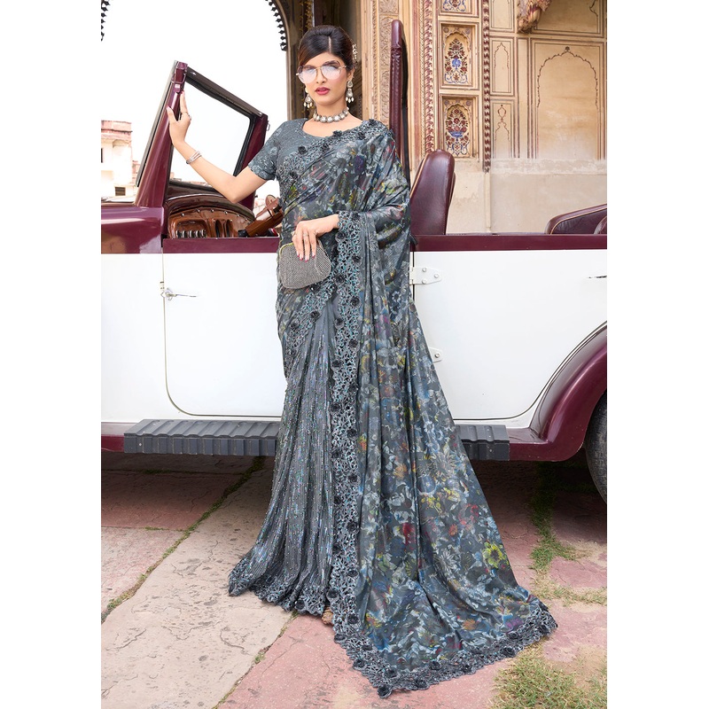 Enriching Grey Applique Net Designer Bridal Party Wear Saree