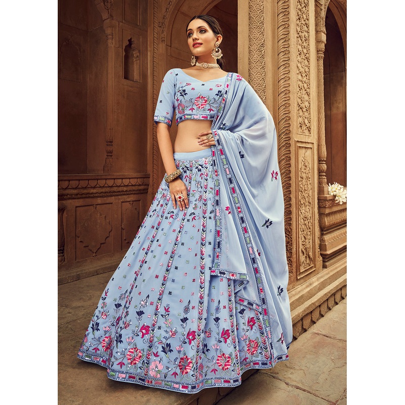 Excellent Sky Blue Bridesmaid Georgette Wedding Lehenga Choli