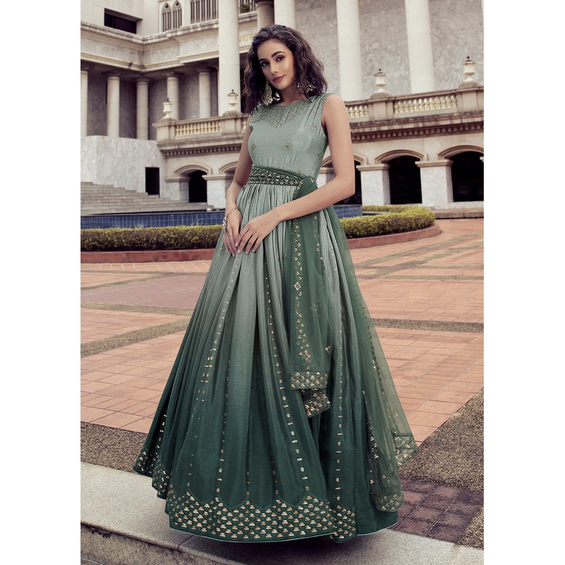 Fabulous Ombre Green Chinon Reception Wear Gown