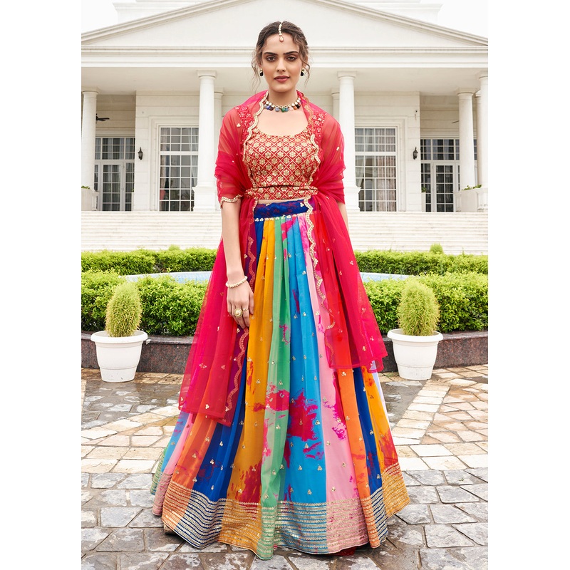 Fascinating Multicolor Shibori Printed Wedding Lehenga Choli