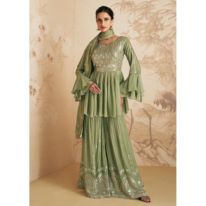 Fern Green Thread & Sequins Embroidered Designer Sharara Suit