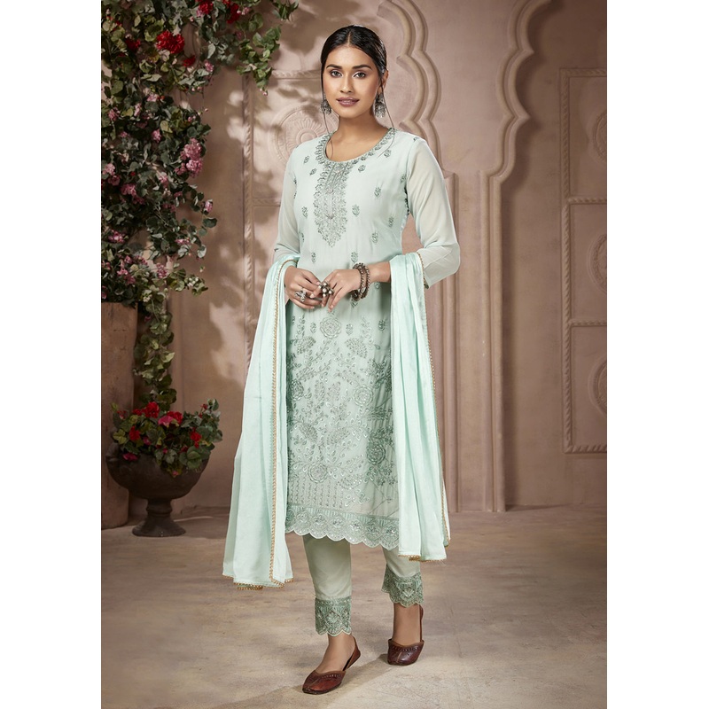 Festive Look Light Green Embroidered Pant Style Salwar Suit