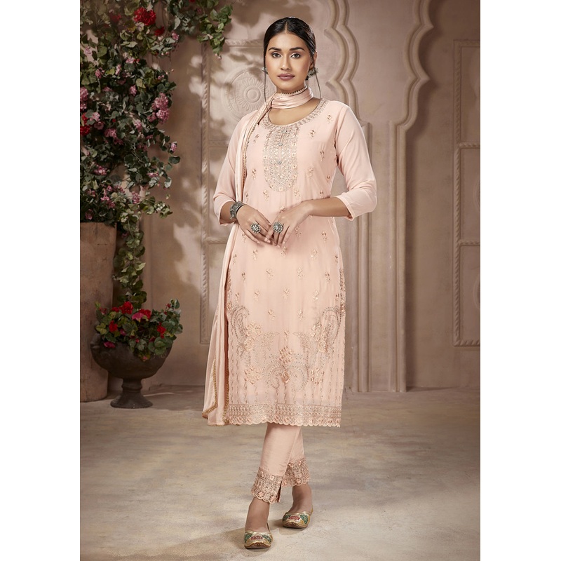 Festive Look Radiant Peach Embroidered Pant Style Salwar Suit
