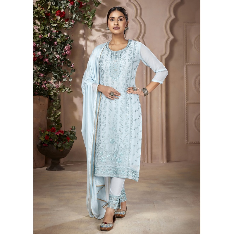 Festive Look Sky Blue Embroidered Pant Style Salwar Suit