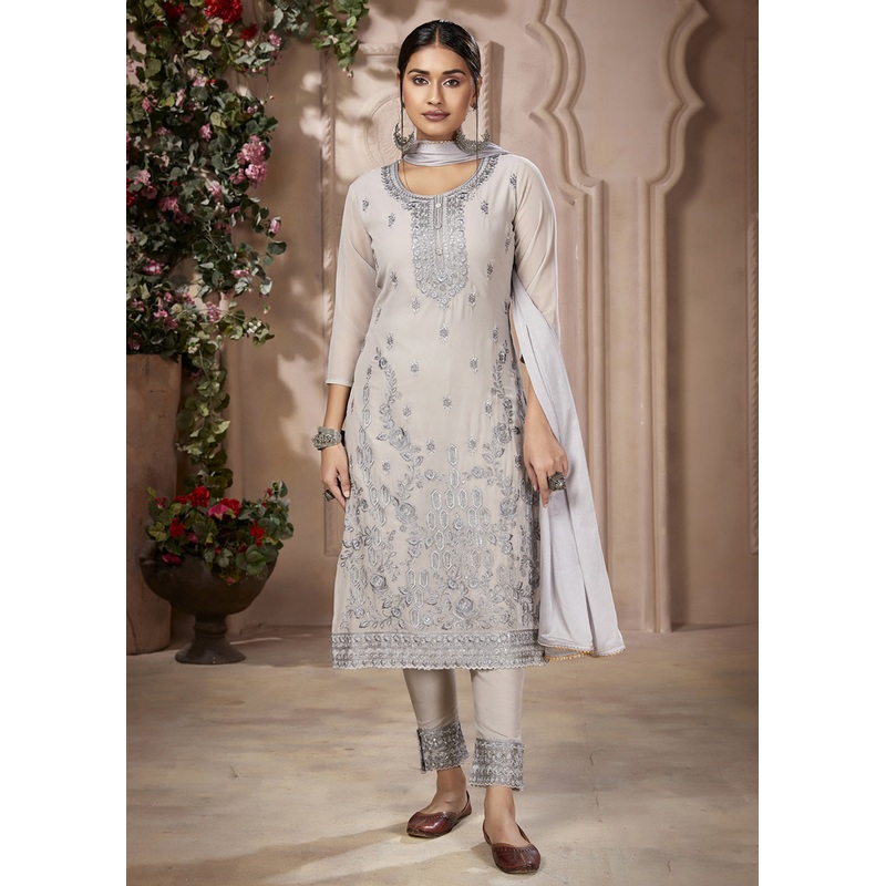 Festive Look Stunning Grey Embroidered Pant Style Salwar Suit