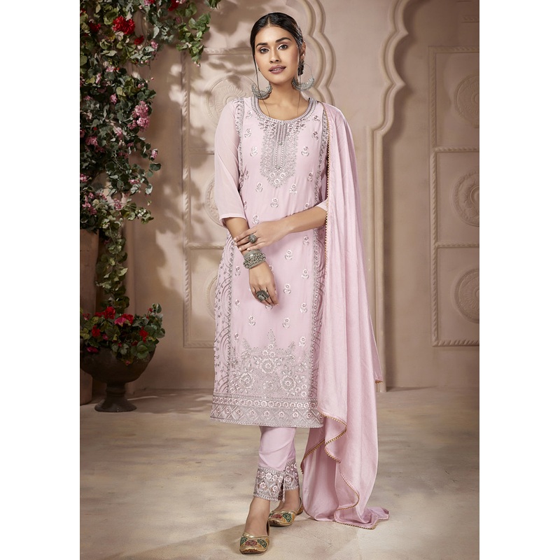 Festive Look Trendy Pink Embroidered Pant Style Salwar Suit