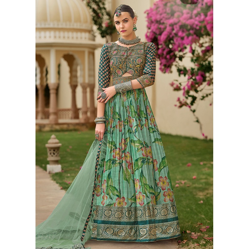 Foil Printed Green Silk Embroidered Festive Anarkali Gown