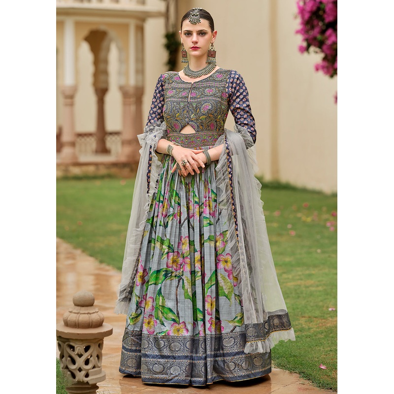 Foil Printed Grey Silk Embroidered Festive Anarkali Gown
