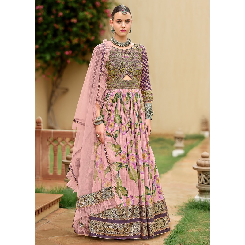 Foil Printed Pink Silk Embroidered Festive Anarkali Gown