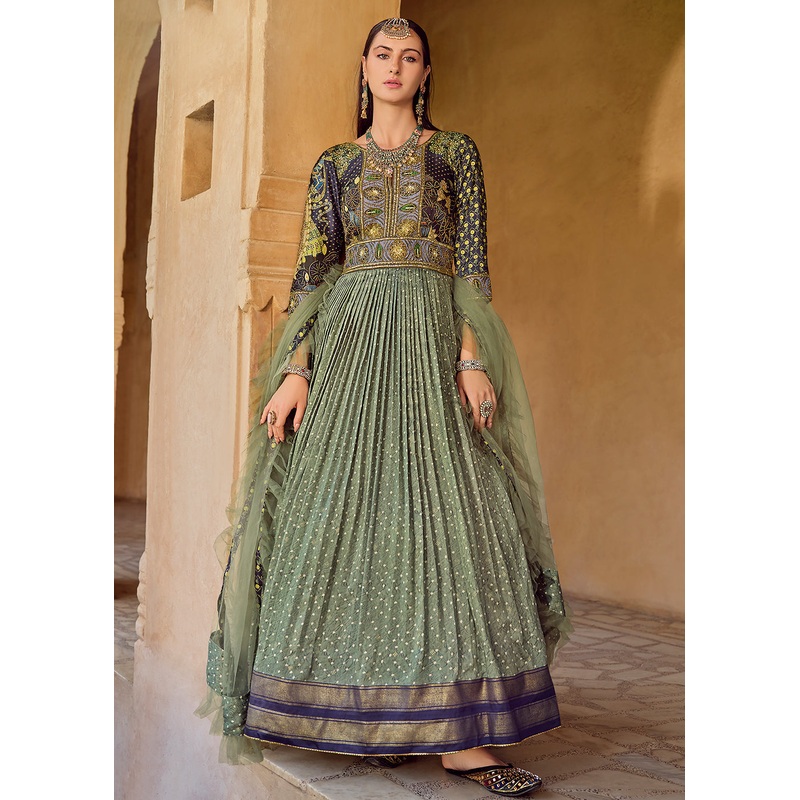 Foil Printed Silk Green Embroidered Festive Anarkali Gown