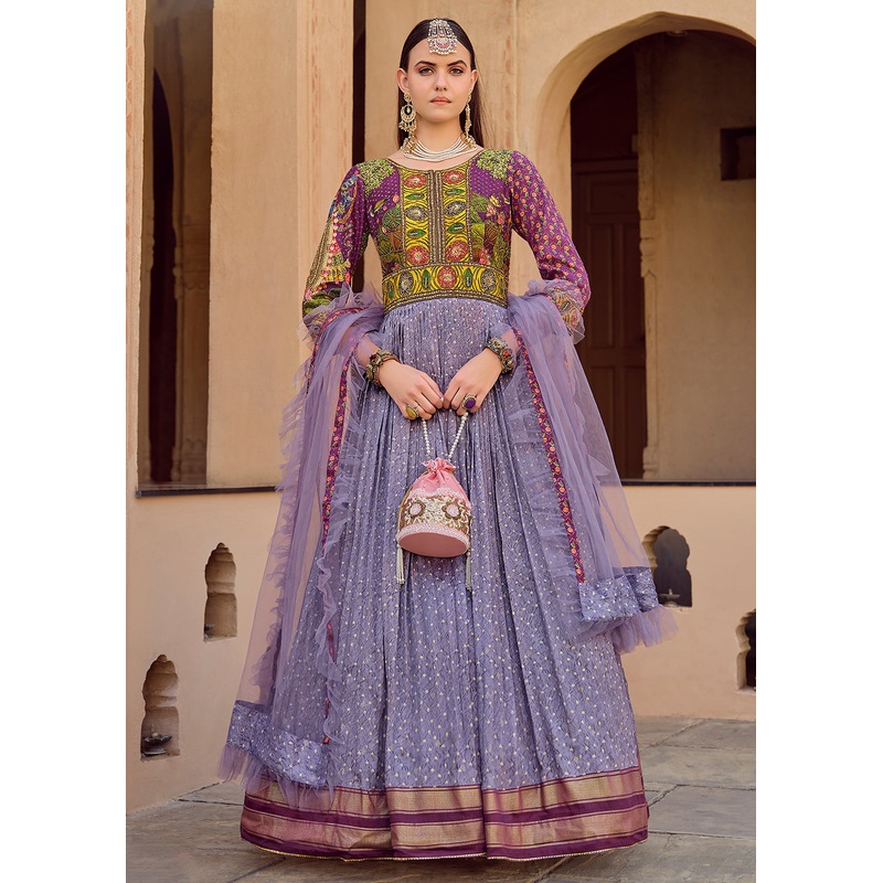 Foil Printed Silk Lavender Embroidered Festive Anarkali Gown