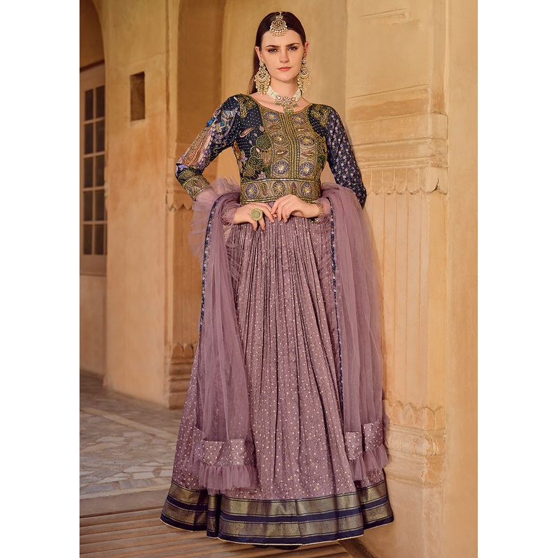 Foil Printed Silk Purple Embroidered Festive Anarkali Gown