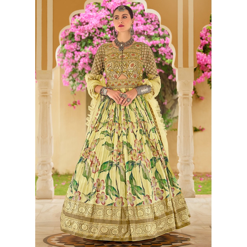 Foil Printed Yellow Silk Embroidered Festive Anarkali Gown