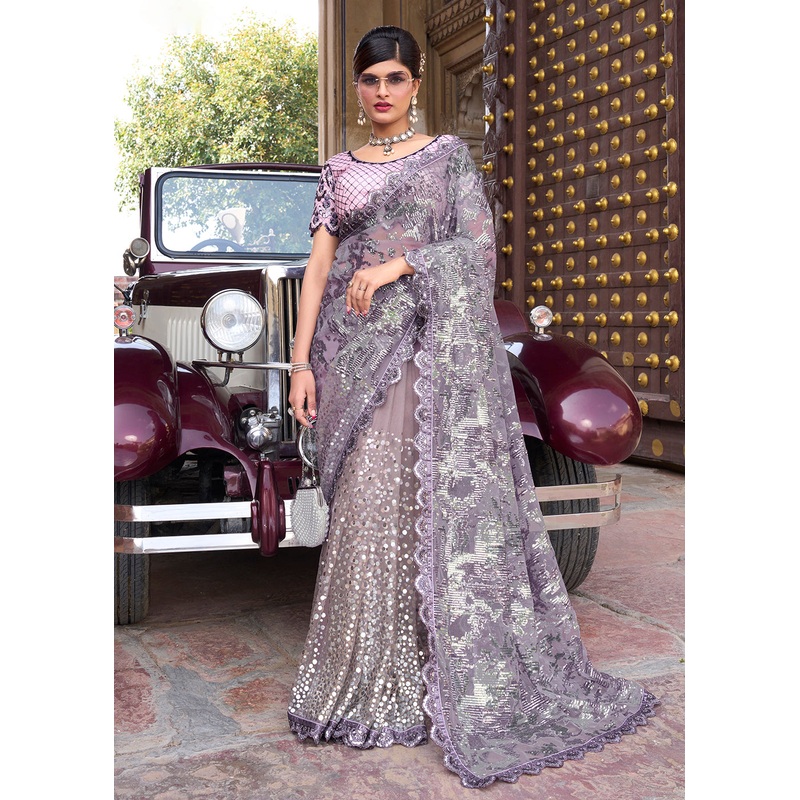 Glam Purple Applique Net Designer Bridal Party Wear Saree