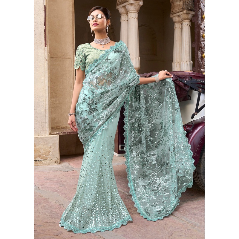 Gorgeous Sea Green Applique Net Designer Bridal Party Wear Saree