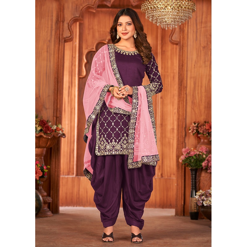 Grape Purple Glass Work Art Silk Patiala Salwar Suit