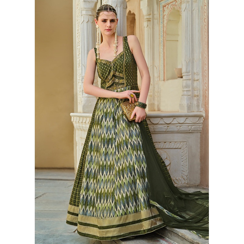 Green Foil Printed Silk Embroidered Festive Anarkali Gown