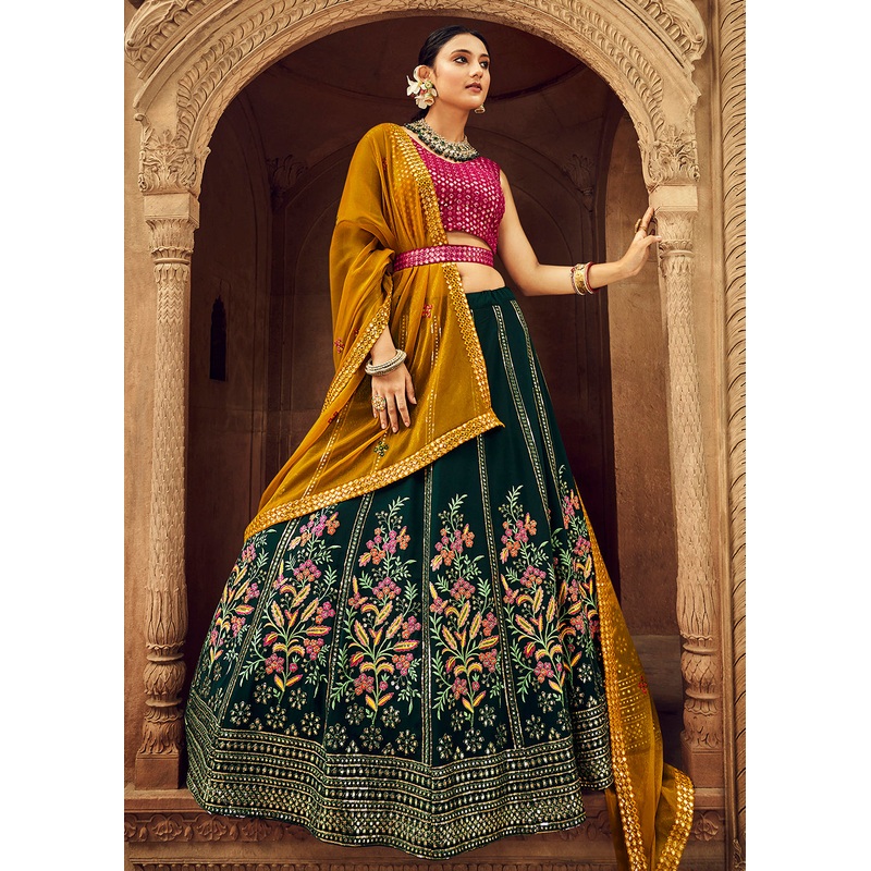 Green & Pink Bridesmaid Georgette Wedding Lehenga Choli