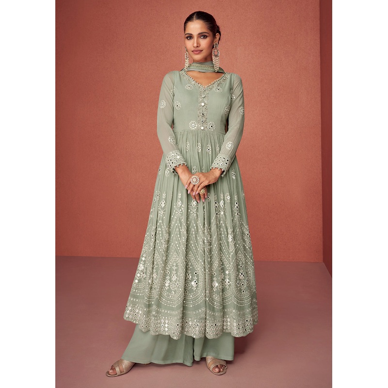 Greyish Green Anarkali Style Embroidered Palazzo Style Suit