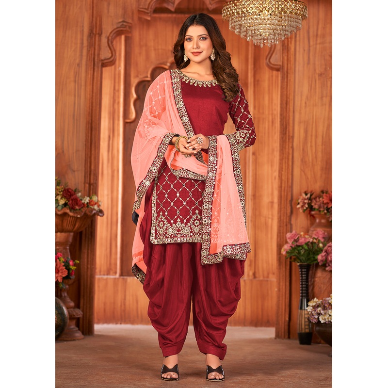 Hot Red Glass Work Art Silk Patiala Salwar Suit