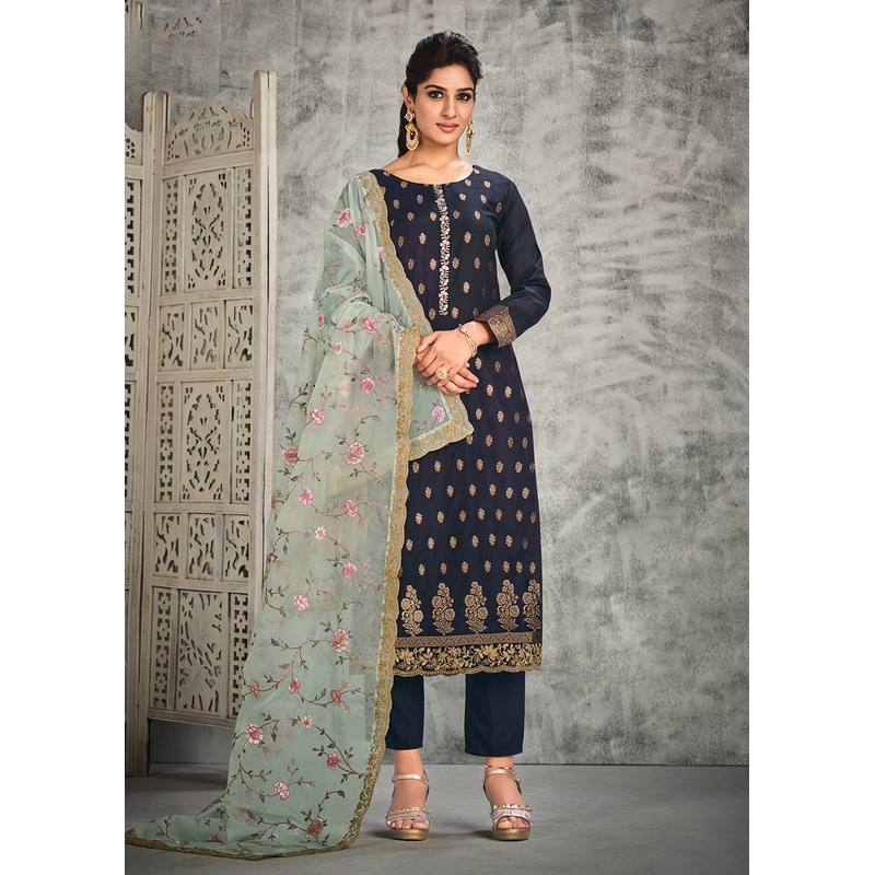 Jacquard Silk Adorning Blue Pakistani Style Pant Suit
