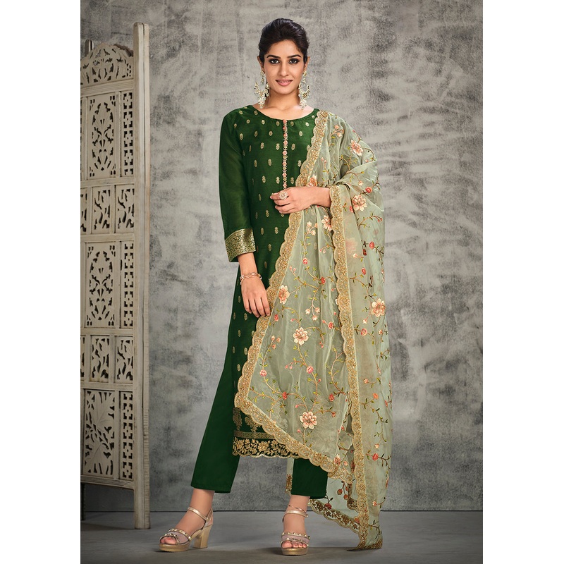 Jacquard Silk Adorning Green Pakistani Style Pant Suit