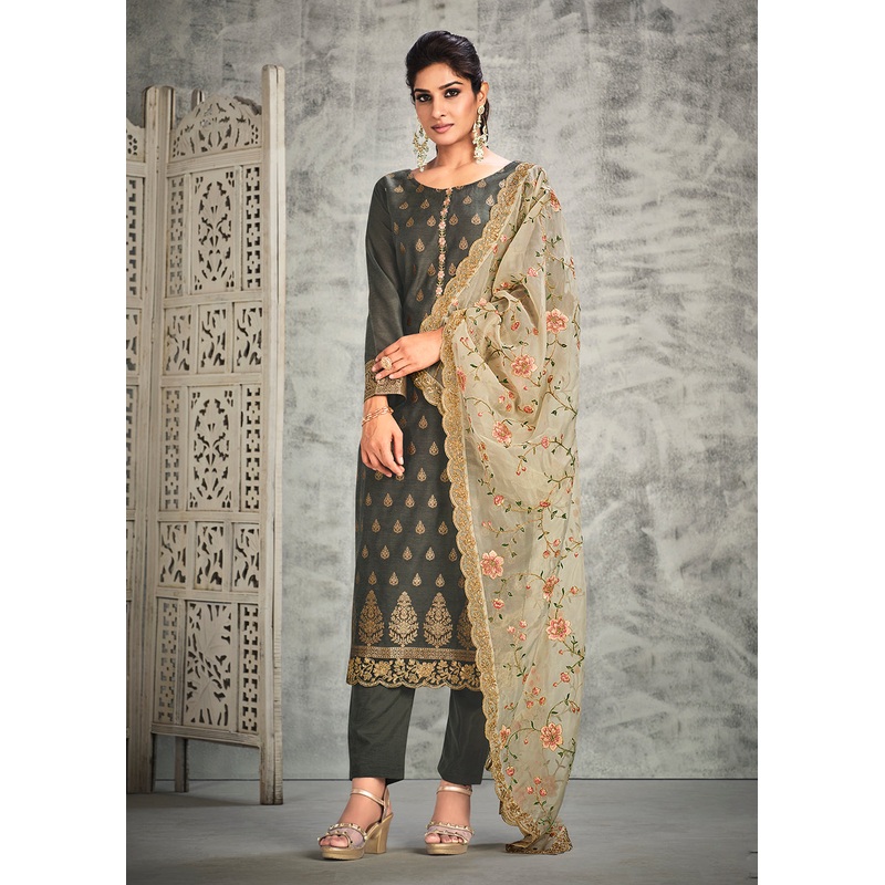 Jacquard Silk Adorning Grey Pakistani Style Pant Suit