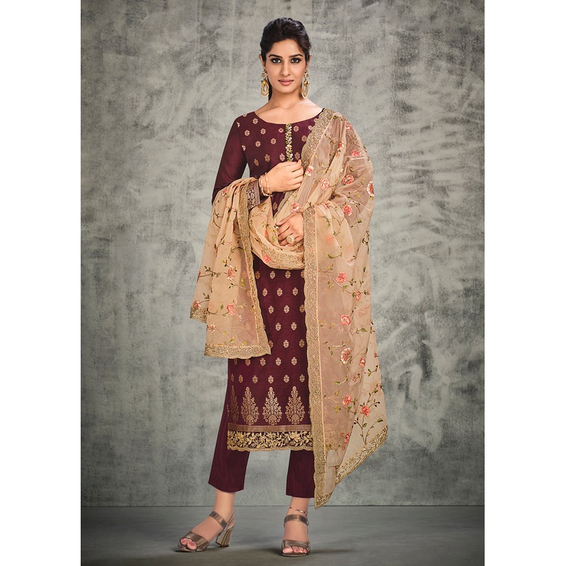 Jacquard Silk Adorning Maroon Pakistani Style Pant Suit
