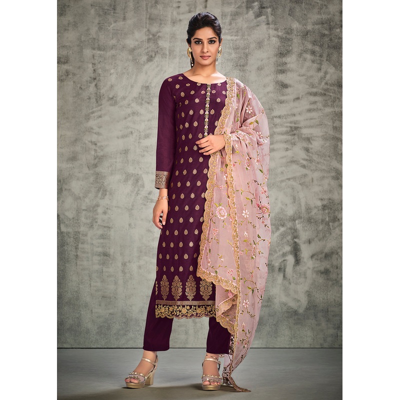 Jacquard Silk Adorning Purple Pakistani Style Pant Suit