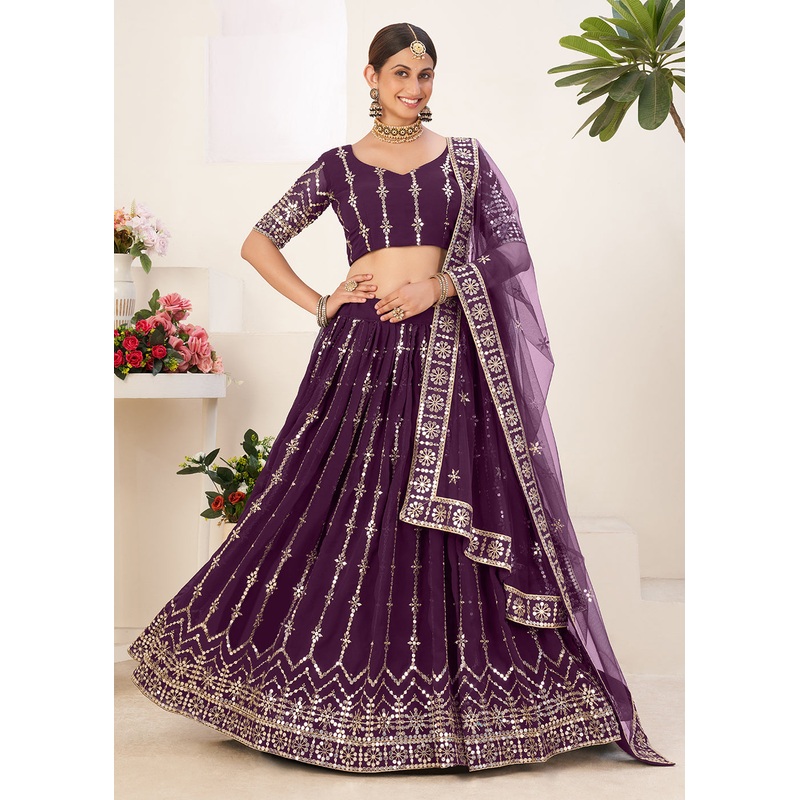 Latest Purple Bordered Sequins Sangeet Wear Lehenga Choli