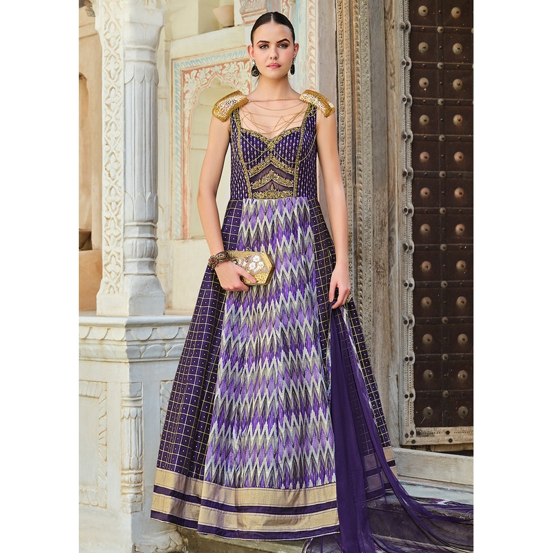 Lavender Foil Printed Silk Embroidered Festive Anarkali Gown