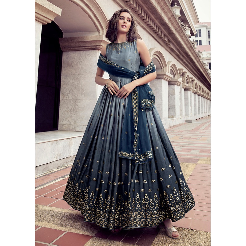 Lavish Grey And Blue Chinon Reception Wear Gown
