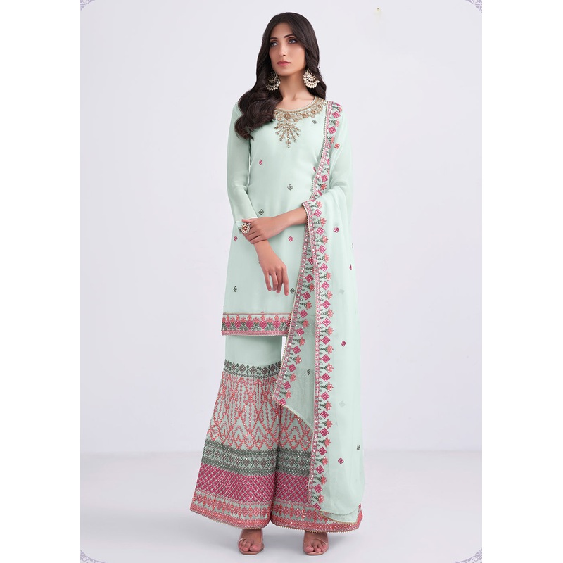 Light Blue Sequins & Multi Thread Work Designer Sharara Suit