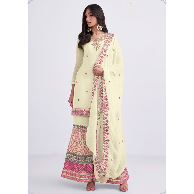 Light Yellow Sequins & Multi Thread Work Designer Sharara Suit